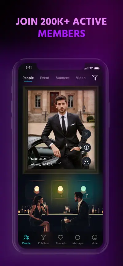 The app open on a phone, showing member profiles and a Pool Bar scene.