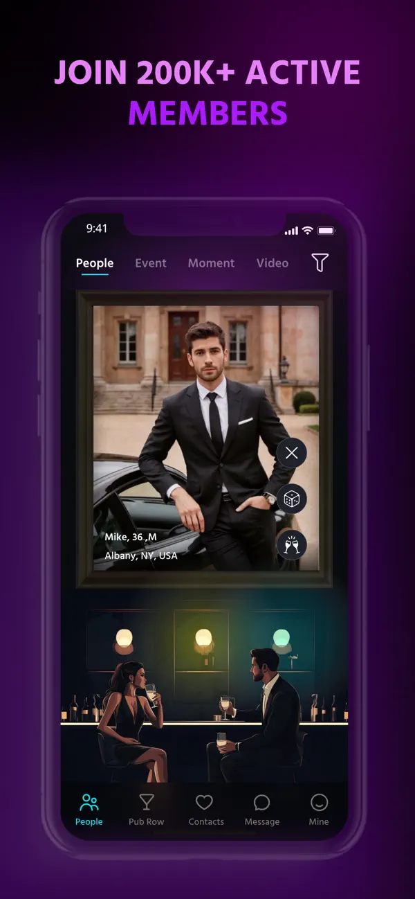 The app open on a phone, showing member profiles and a Pool Bar scene.