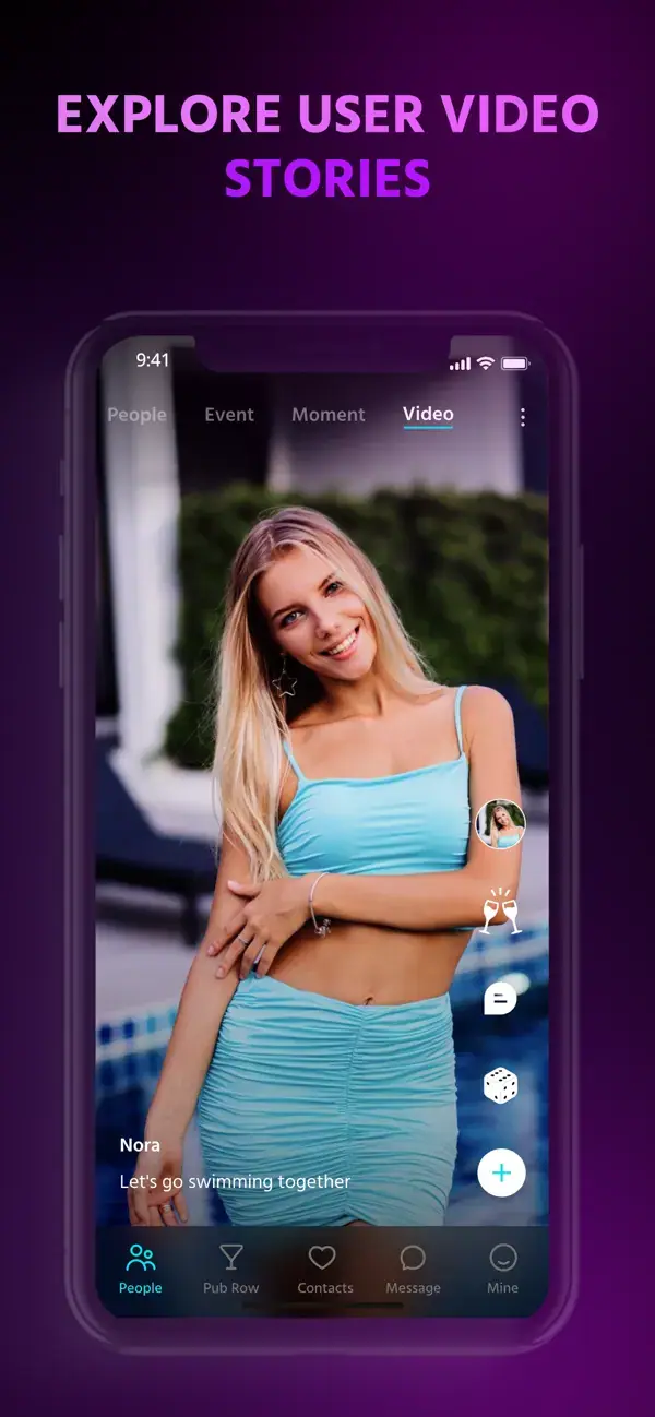 App store screen: explore member video stories.